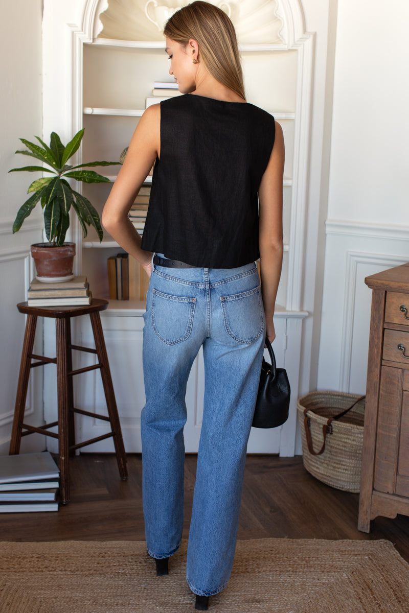 Button Front Wide Hem Top - Jet Black Linen