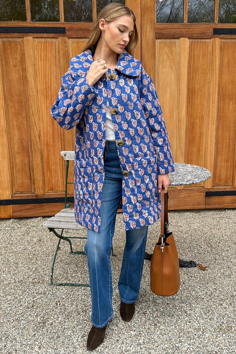 Camp Coat - Blue Paisley Flowers Linen