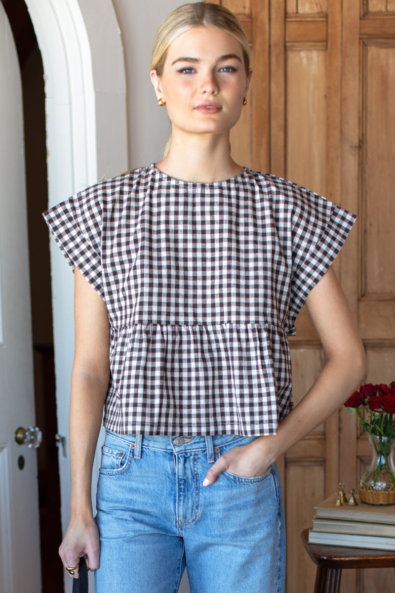 Dolman Peplum Top - Cocoa Gingham