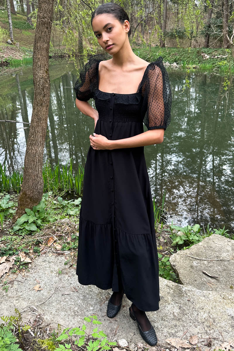 Shirred Bodice Maxi Dress - Black Dots