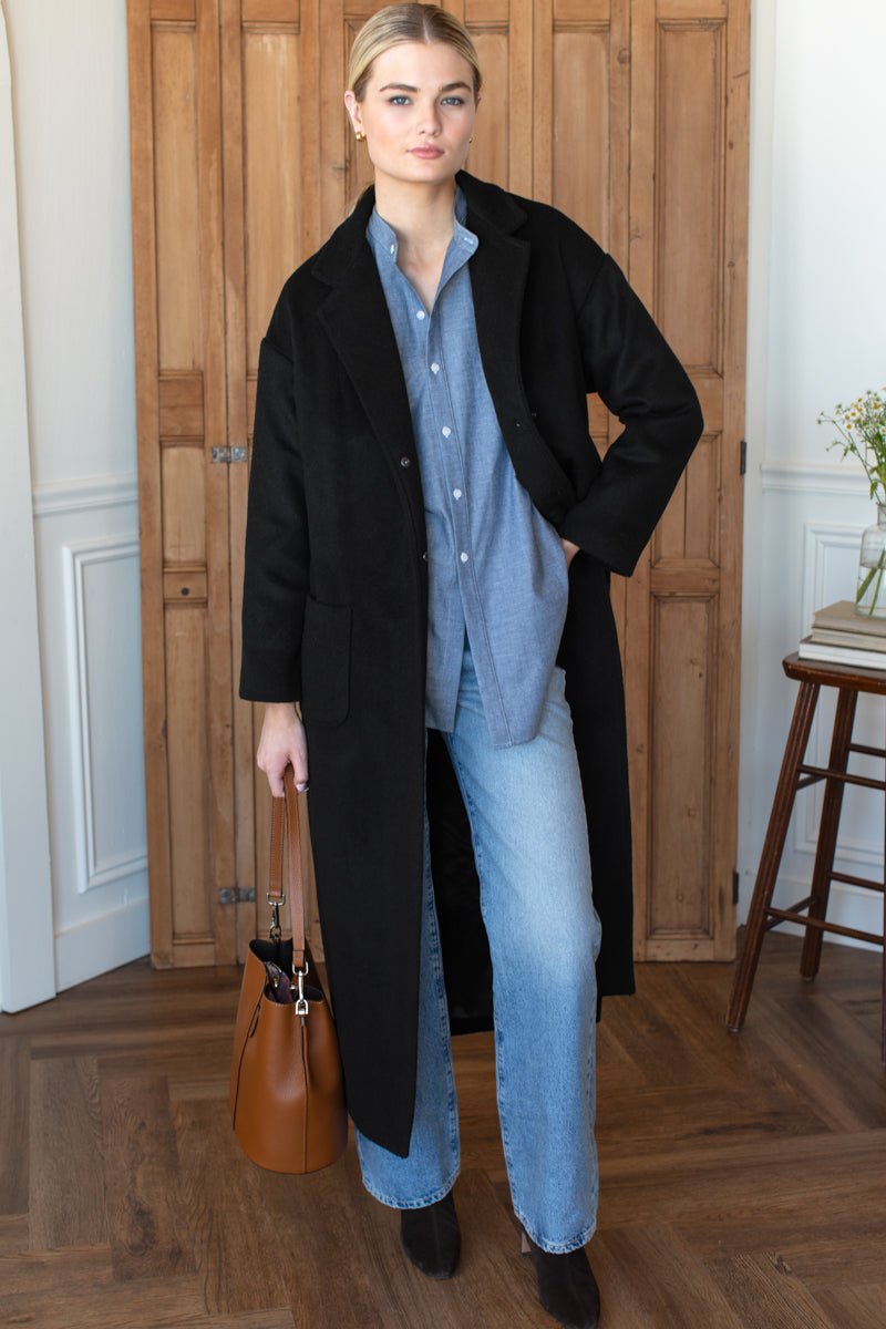 Drop Shoulder Long Coat - Black Wool