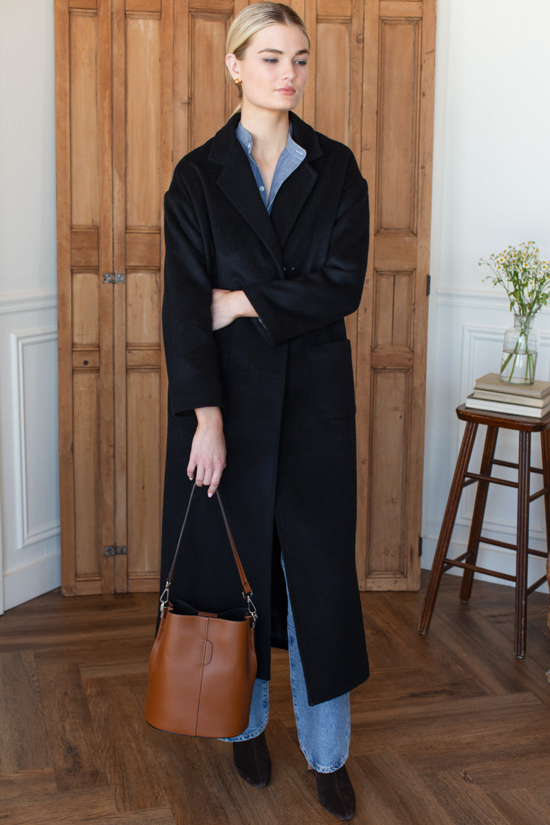 Drop Shoulder Long Coat - Black Wool