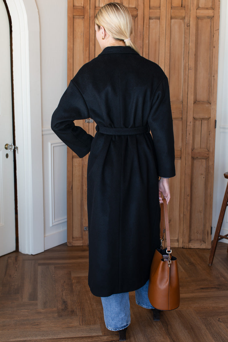 Drop Shoulder Long Coat - Black Wool