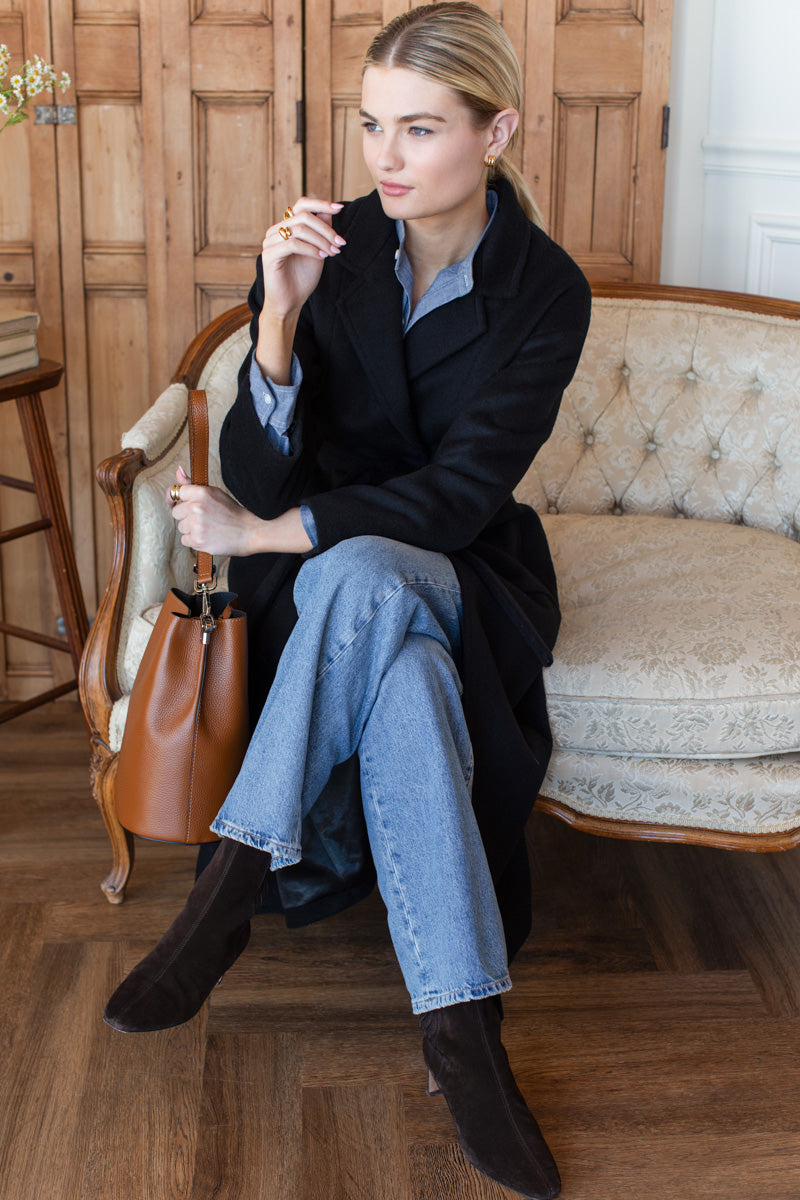 Drop Shoulder Long Coat - Black Wool
