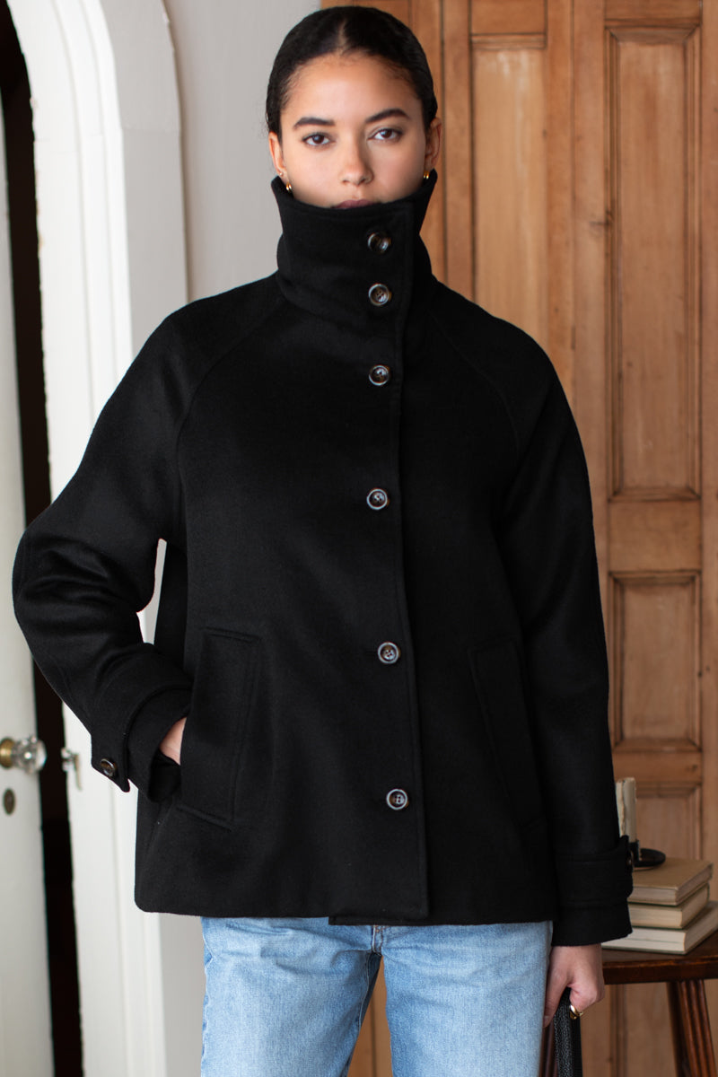 Funnel Neck Coat - Black Wool