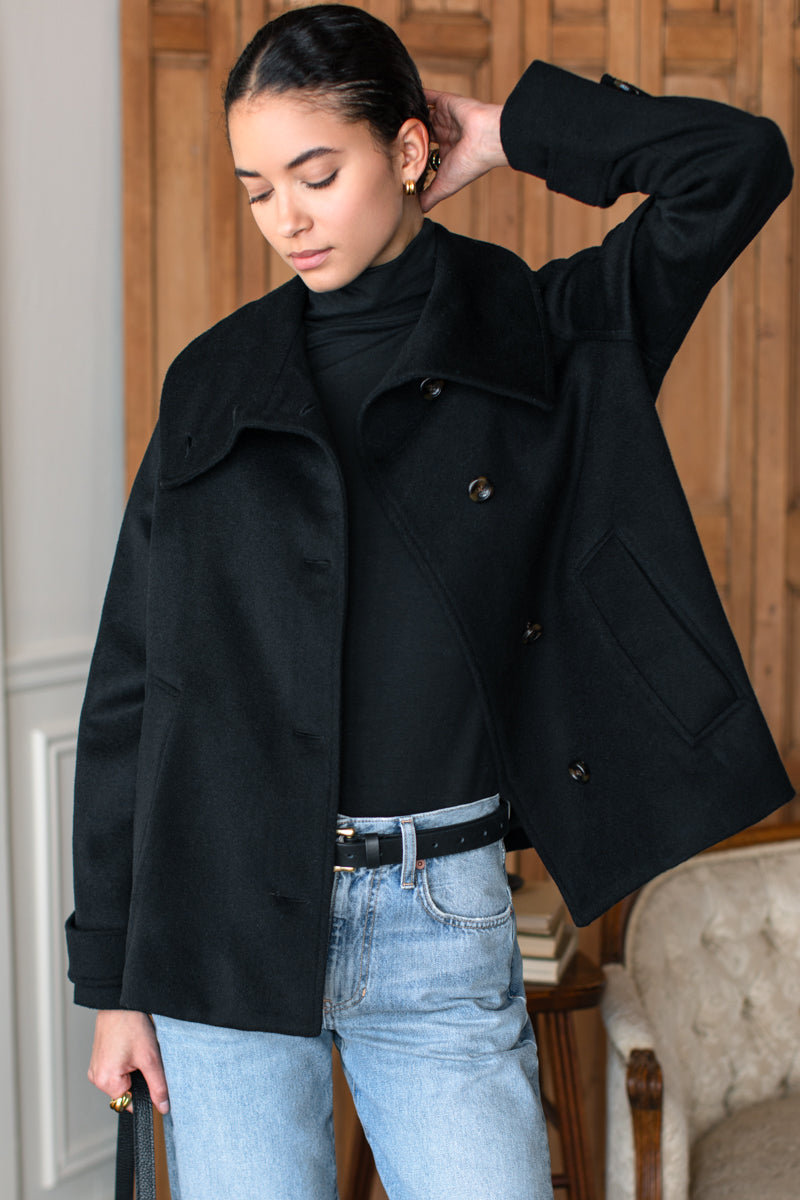 Funnel Neck Coat - Black Wool