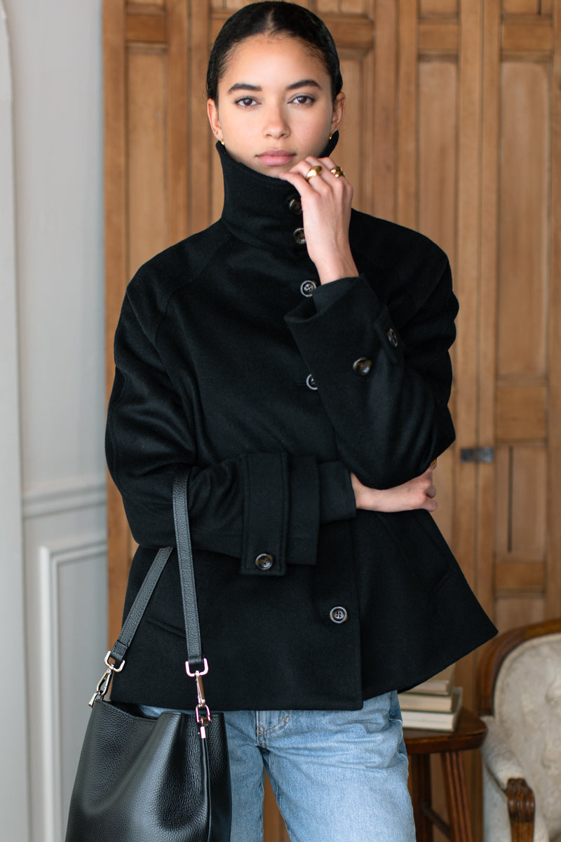 Funnel Neck Coat - Black Wool