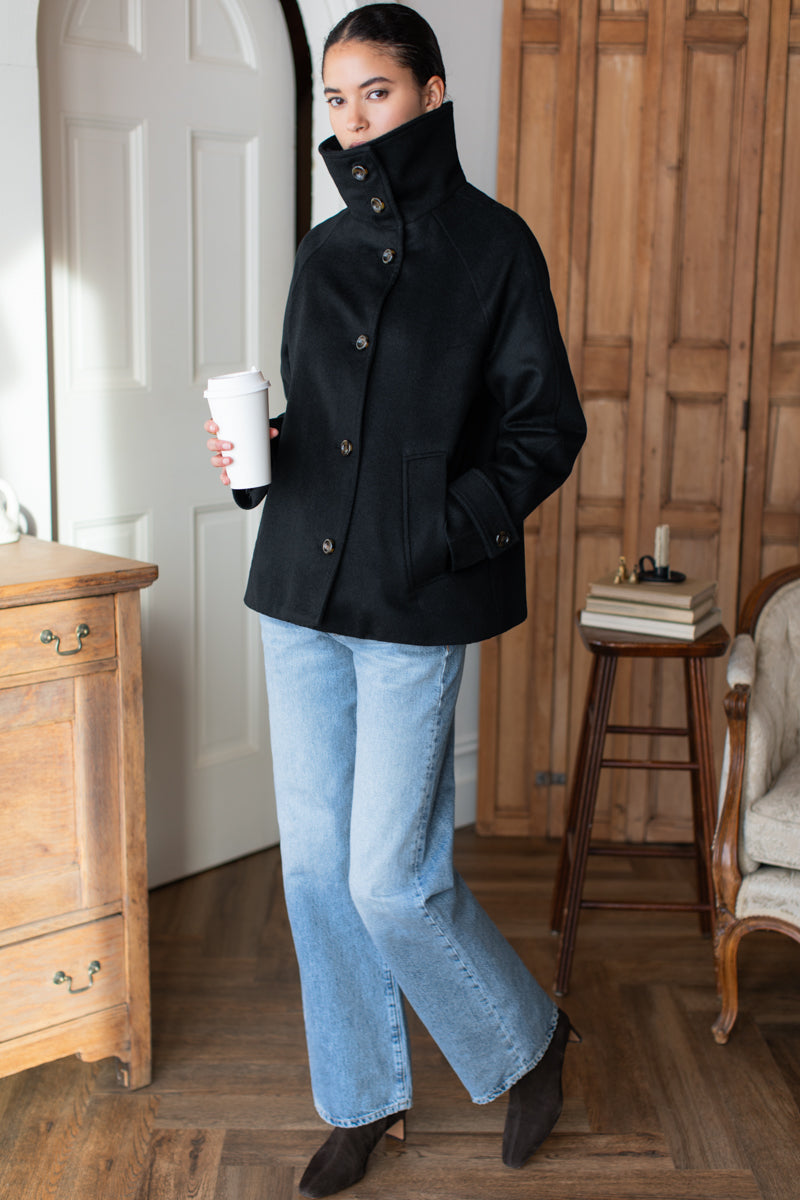 Funnel Neck Coat - Black Wool