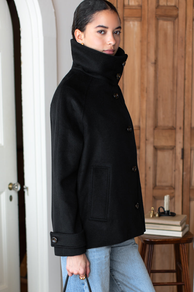 Funnel Neck Coat - Black Wool