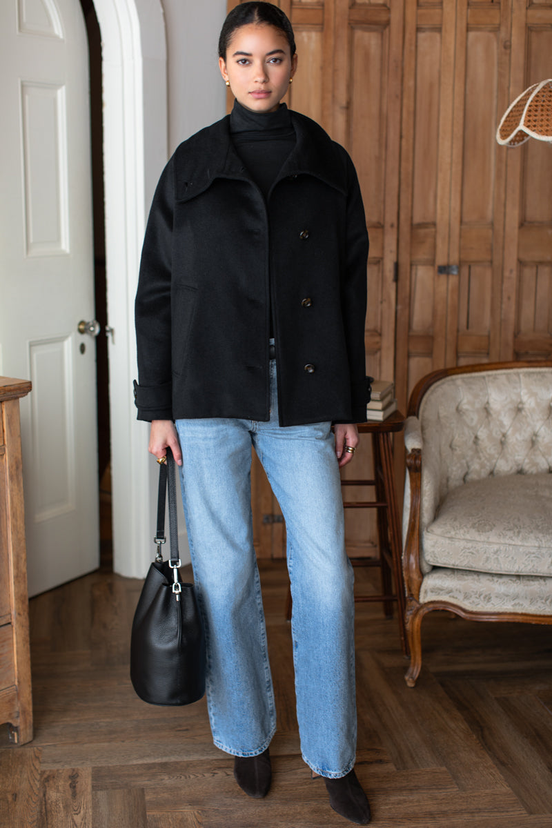 Funnel Neck Coat - Black Wool