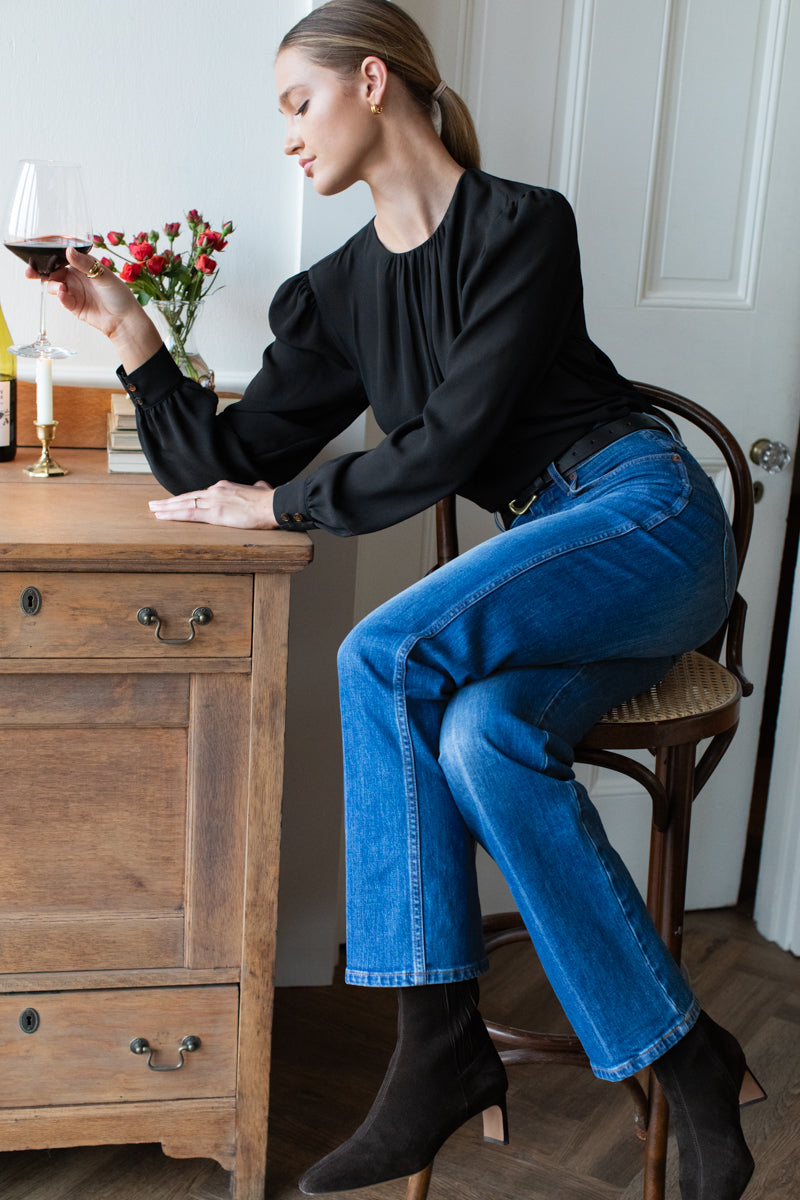 Gathered Neckline Top - Black