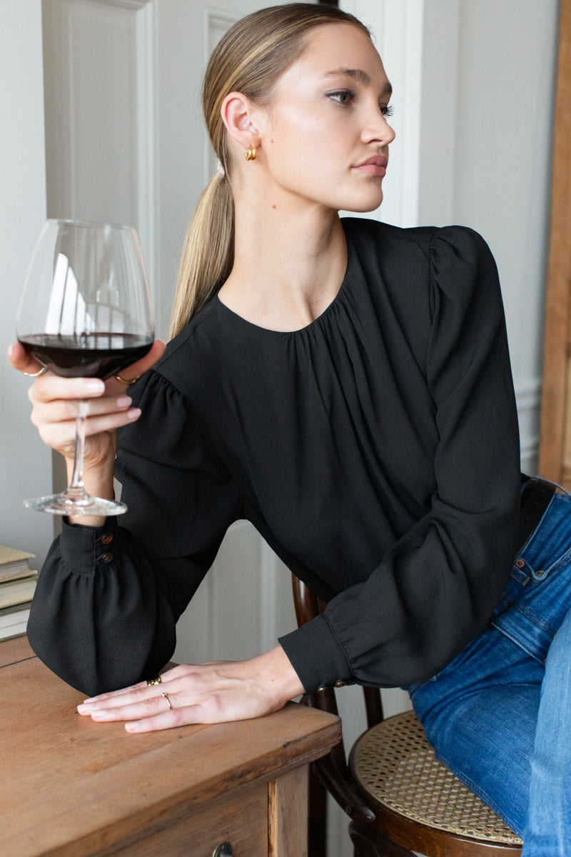 Gathered Neckline Top - Black