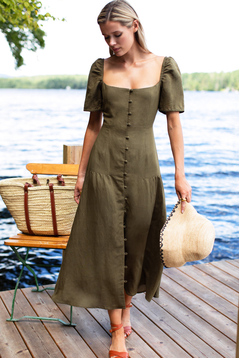 Louise Shortsleeve Basque Dress - Martini Olive Linen