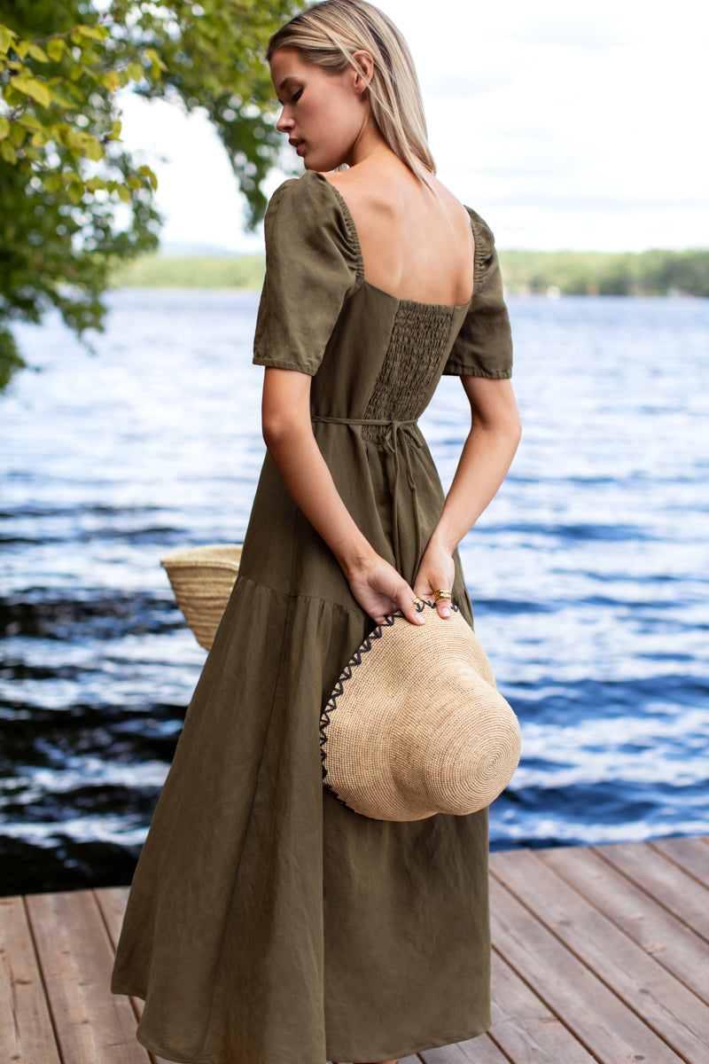 Louise Shortsleeve Basque Dress - Martini Olive Linen