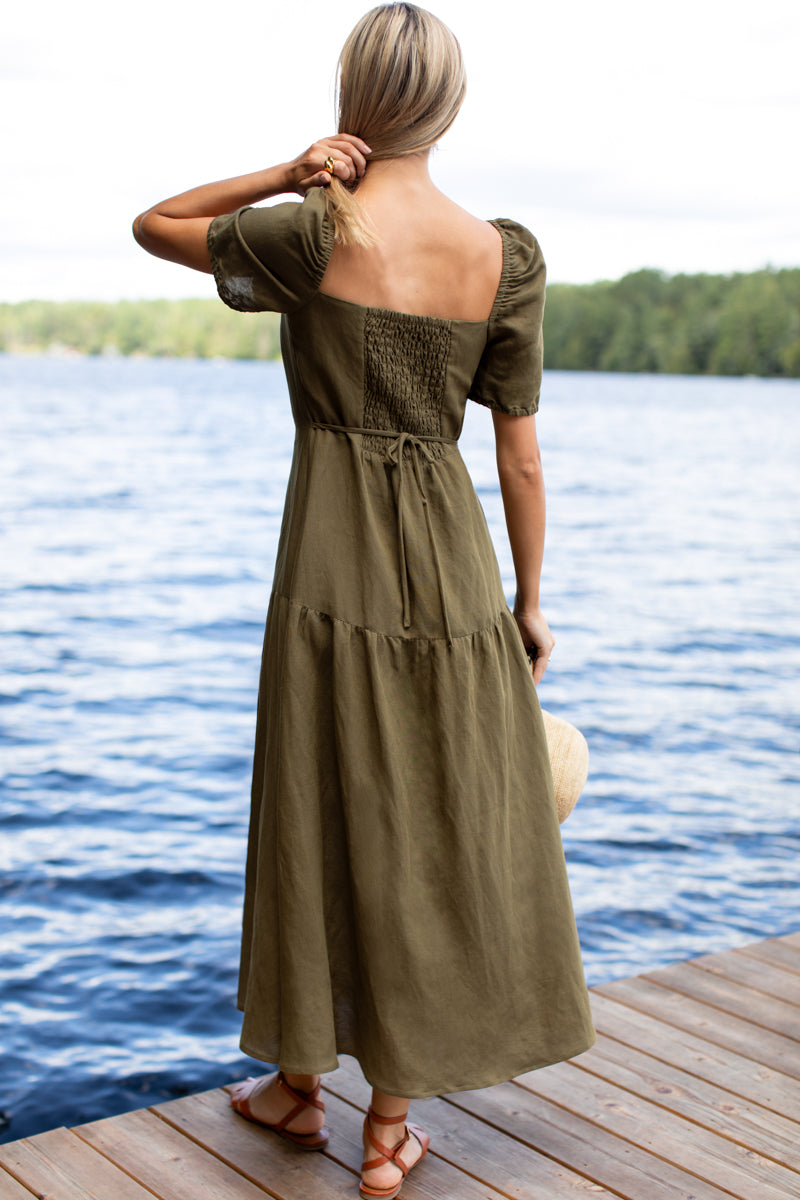 Louise Shortsleeve Basque Dress - Martini Olive Linen