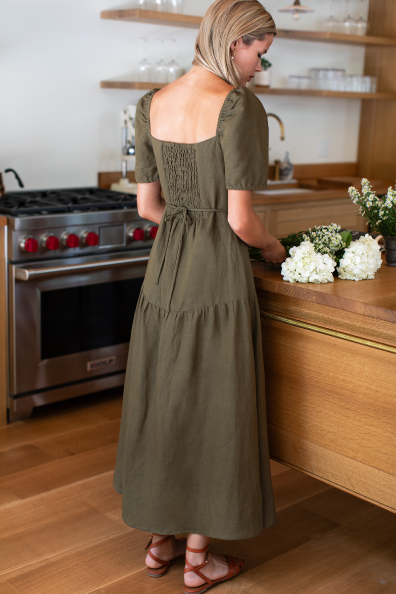 Louise Shortsleeve Basque Dress - Martini Olive Linen