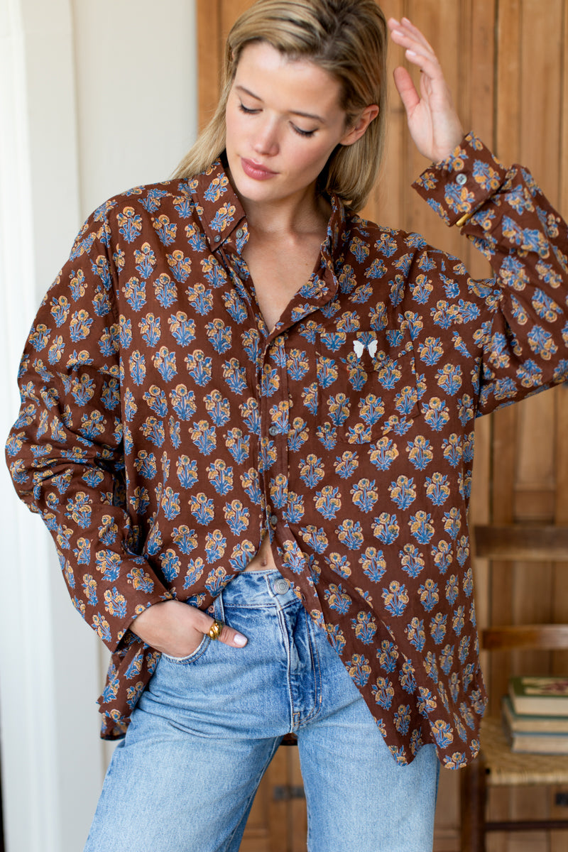 Ryan Shirt - Library Flowers Cocoa Organic