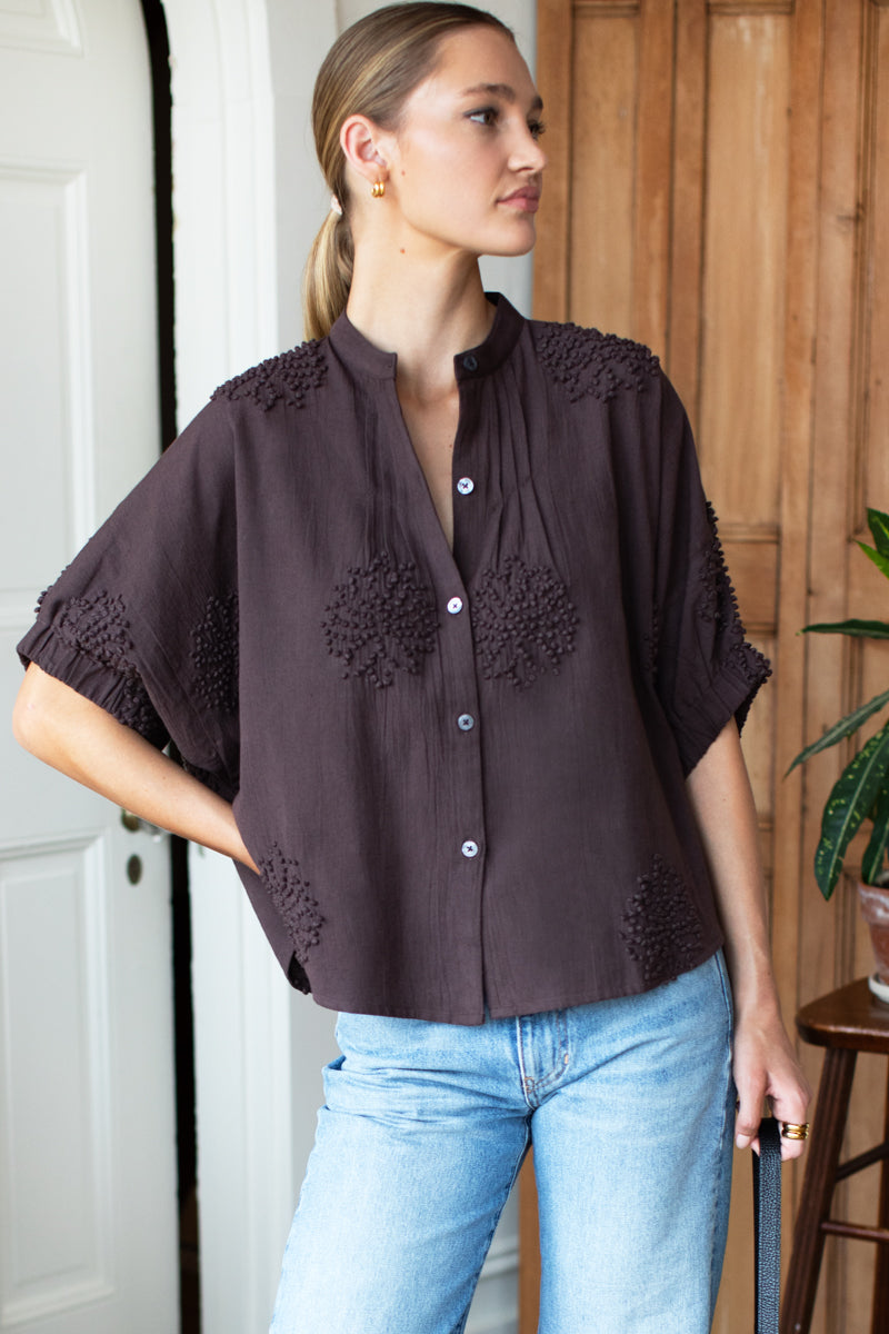 Mandarin Collar Top - French Knot Floral Vintage Chestnut