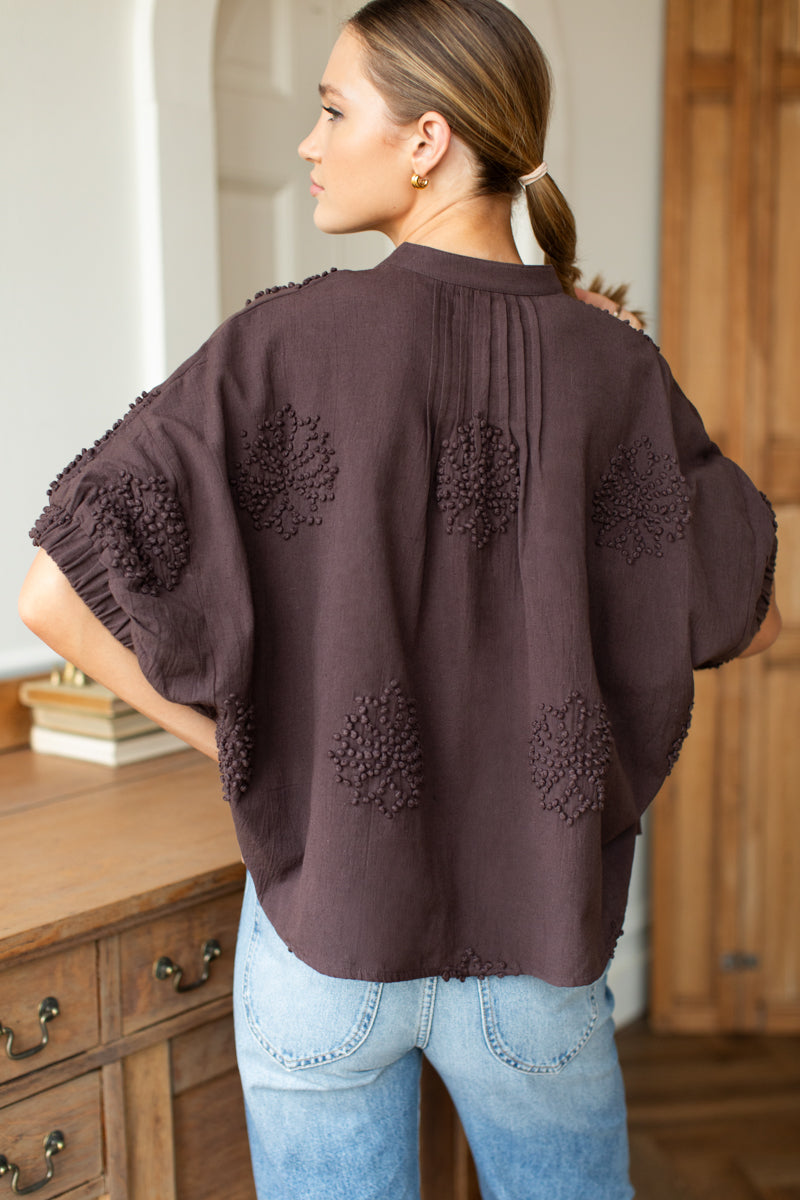 Mandarin Collar Top - French Knot Floral Vintage Chestnut