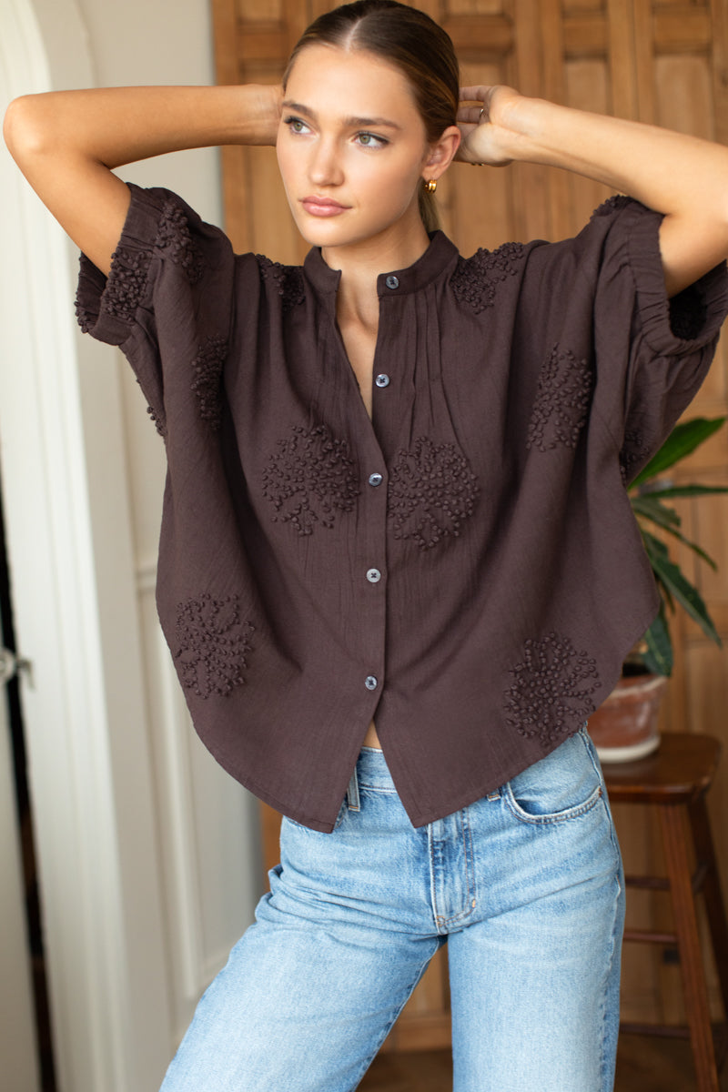 Mandarin Collar Top - French Knot Floral Vintage Chestnut