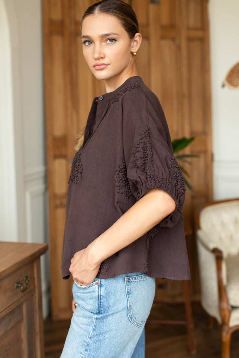 Mandarin Collar Top - French Knot Floral Vintage Chestnut