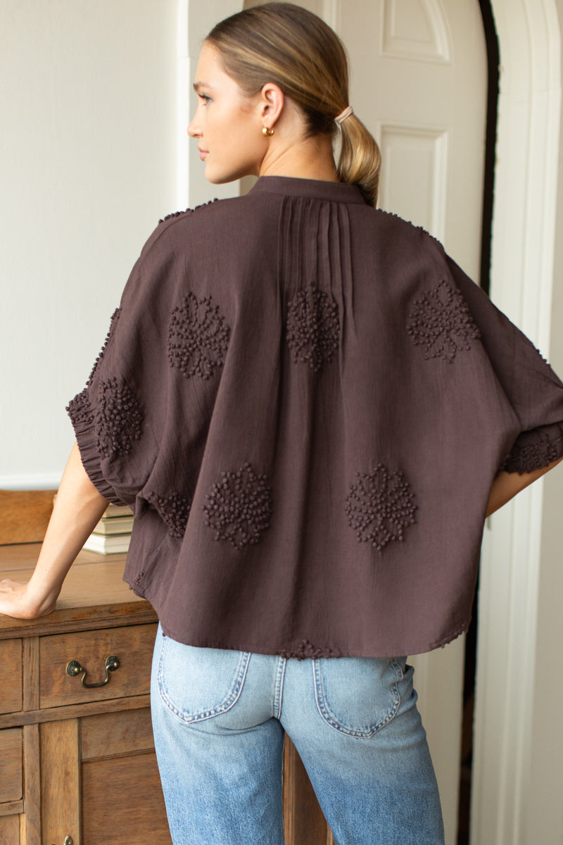 Mandarin Collar Top - French Knot Floral Vintage Chestnut