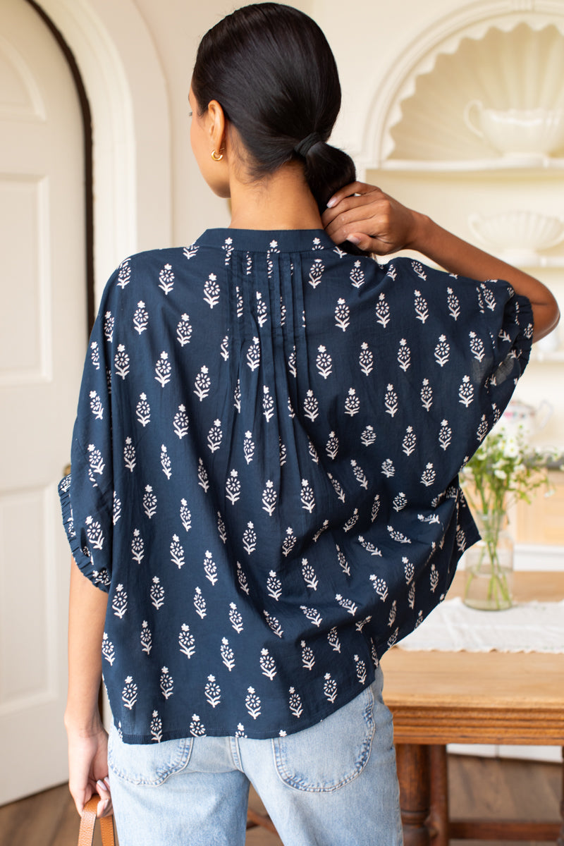 Mandarin Collar Top - Marguerite Blue 2 Organic
