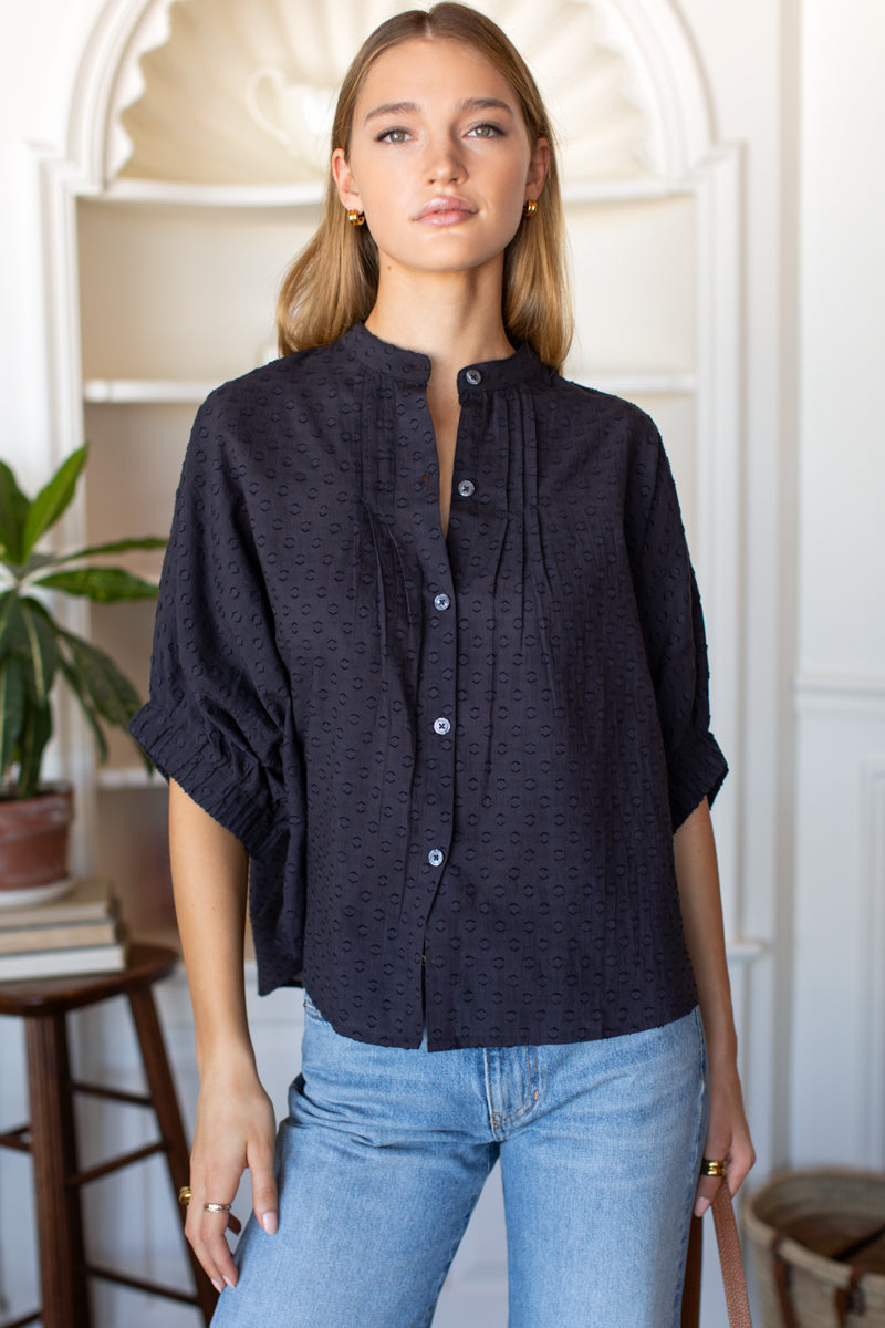 Mandarin Collar Top - Midnight Swiss Dots Organic