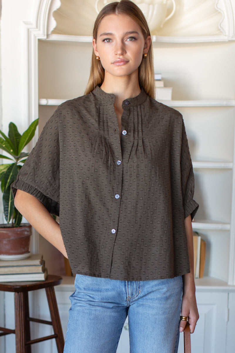 Mandarin Collar Top - Olive Grove Swiss Dots Organic