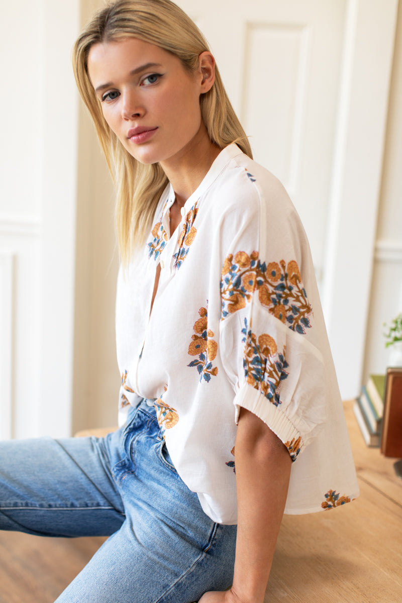 Mandarin Collar Top - Tomas Flowers Marigolds Organic