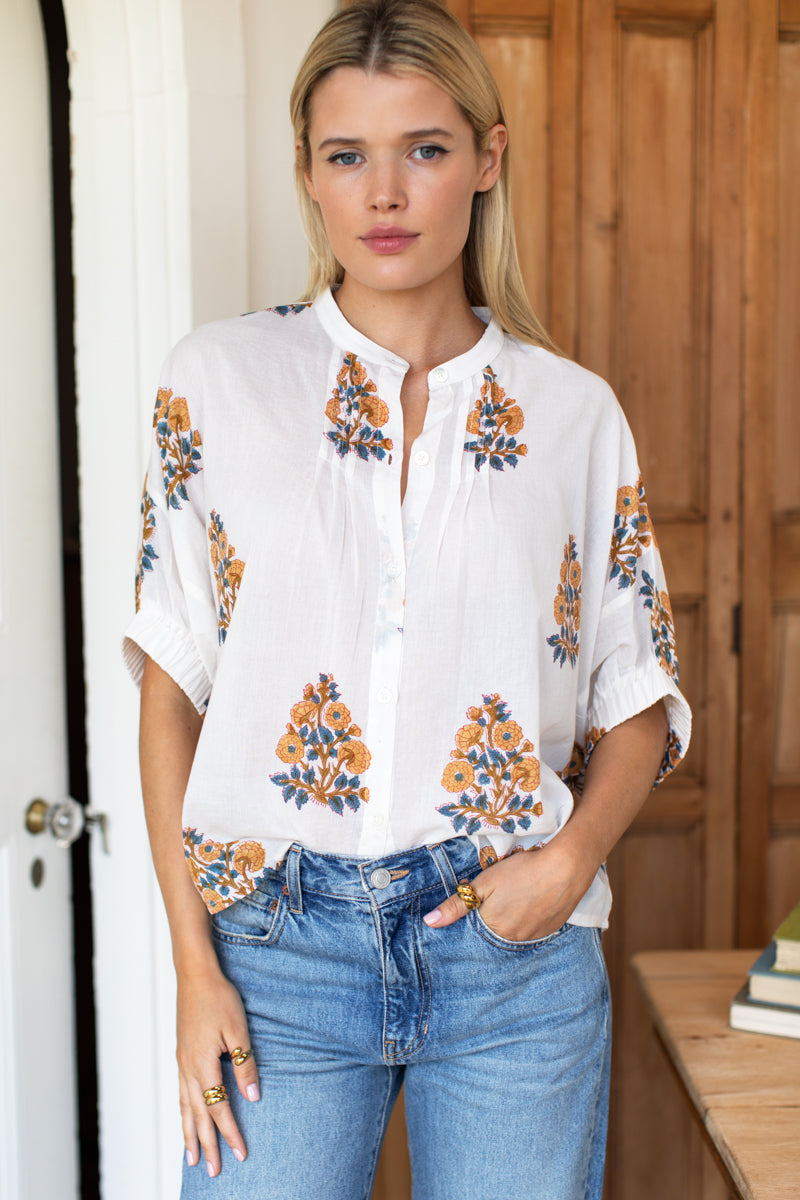 Mandarin Collar Top - Tomas Flowers Marigolds Organic