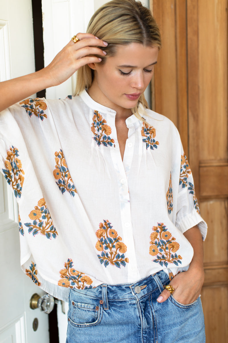 Mandarin Collar Top - Tomas Flowers Marigolds Organic