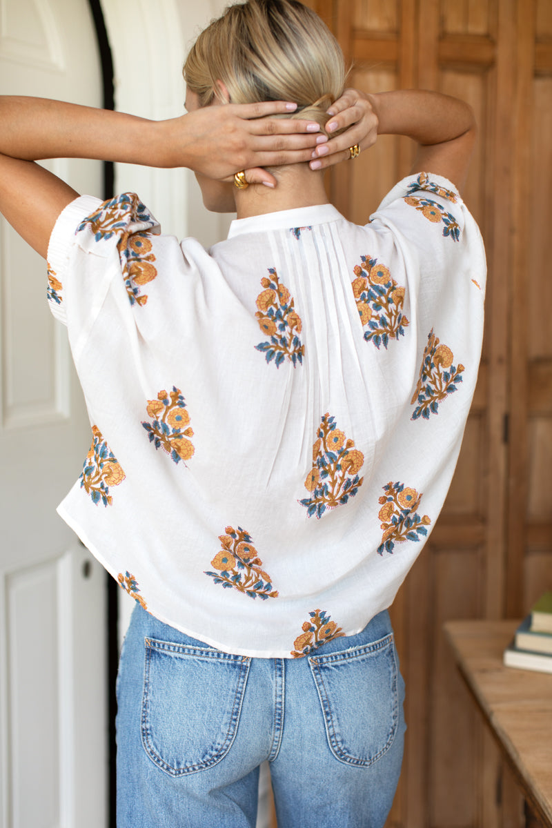 Mandarin Collar Top - Tomas Flowers Marigolds Organic