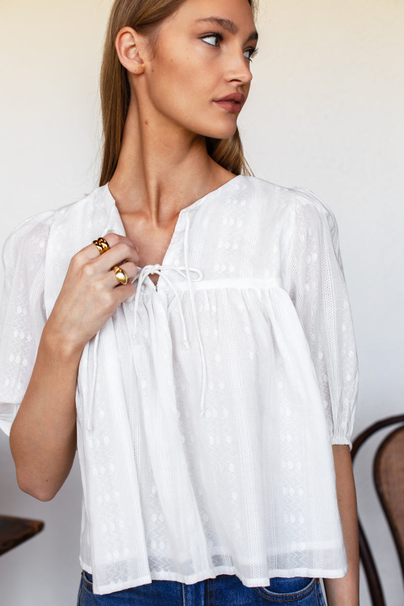 Puff Isla Top - White Cotton Dobby Jacquard