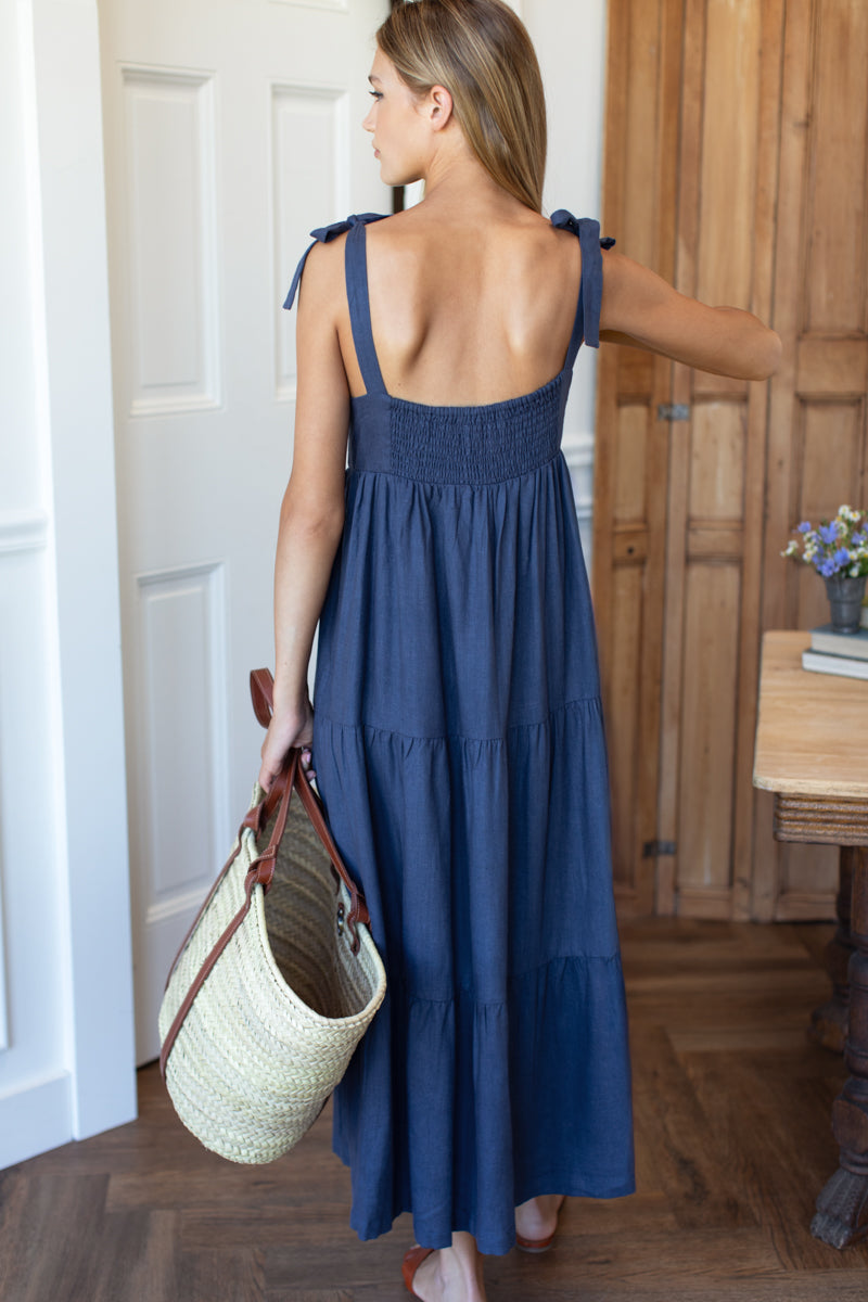 Sara Tier Dress - Blue Indigo + White Embroidery Linen