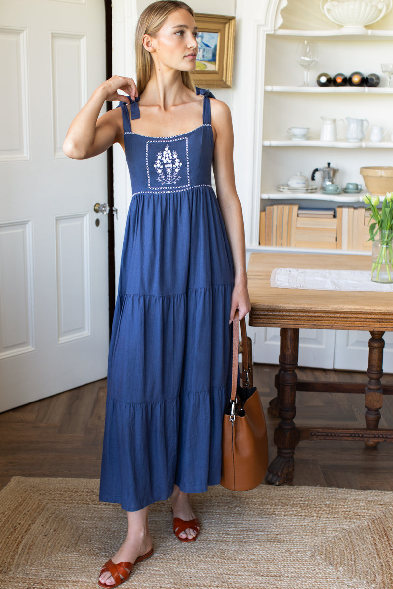 Sara Tier Dress - Blue Indigo + White Embroidery Linen
