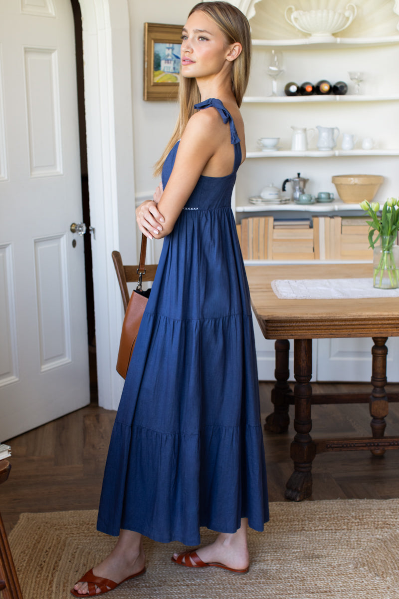 Sara Tier Dress - Blue Indigo + White Embroidery Linen