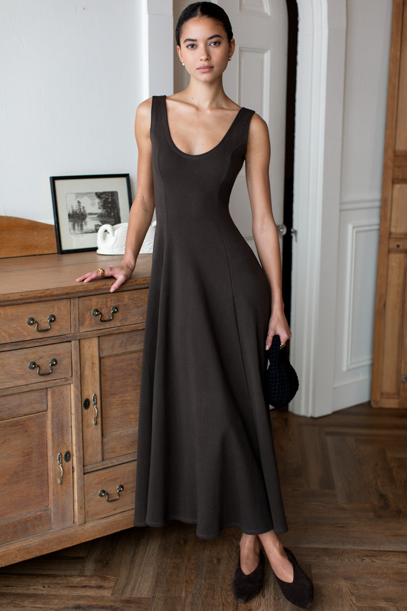 Scoop Layering Maxi Dress - Deep Brown Rib