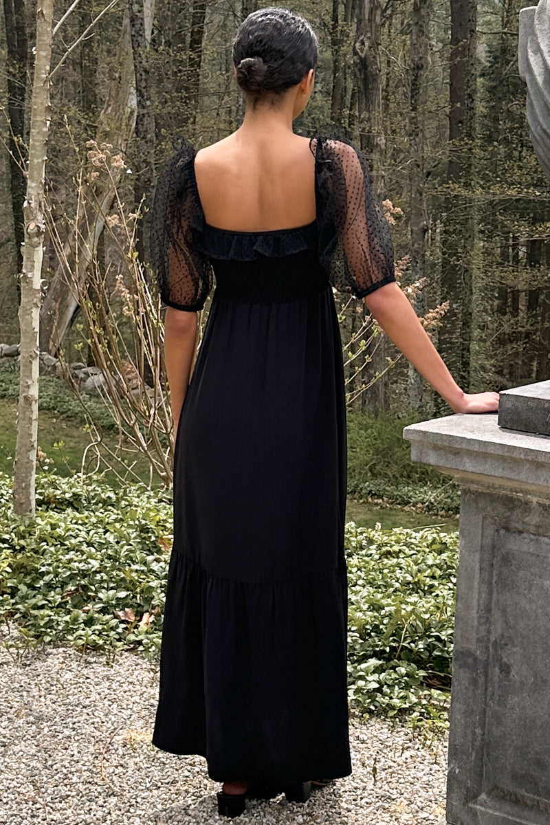 Shirred Bodice Maxi Dress - Black Dots