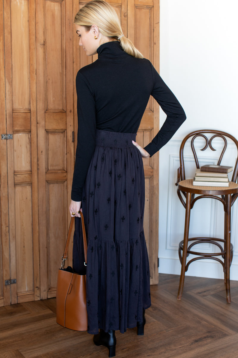 Shirred Skirt - Embroidered Clover Midnight