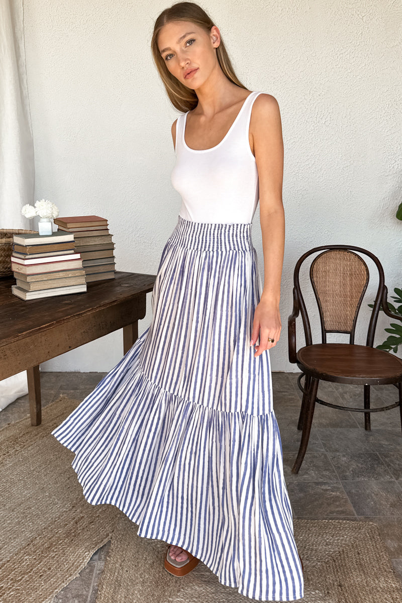 Shirred Skirt - Ocean Stripe