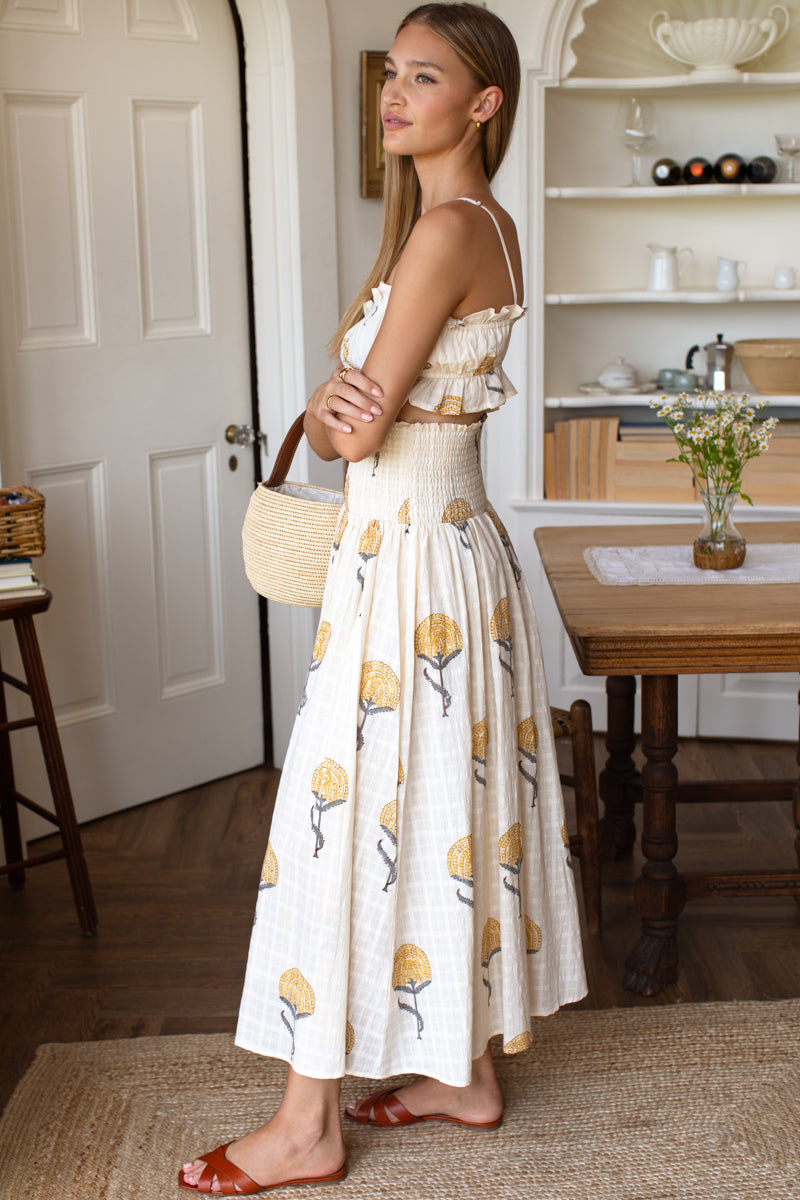 Smocked Maxi Skirt - Fan Flowers Marigold