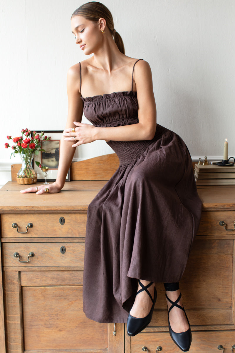 Smocked Maxi Skirt - Vintage Chestnut Linen