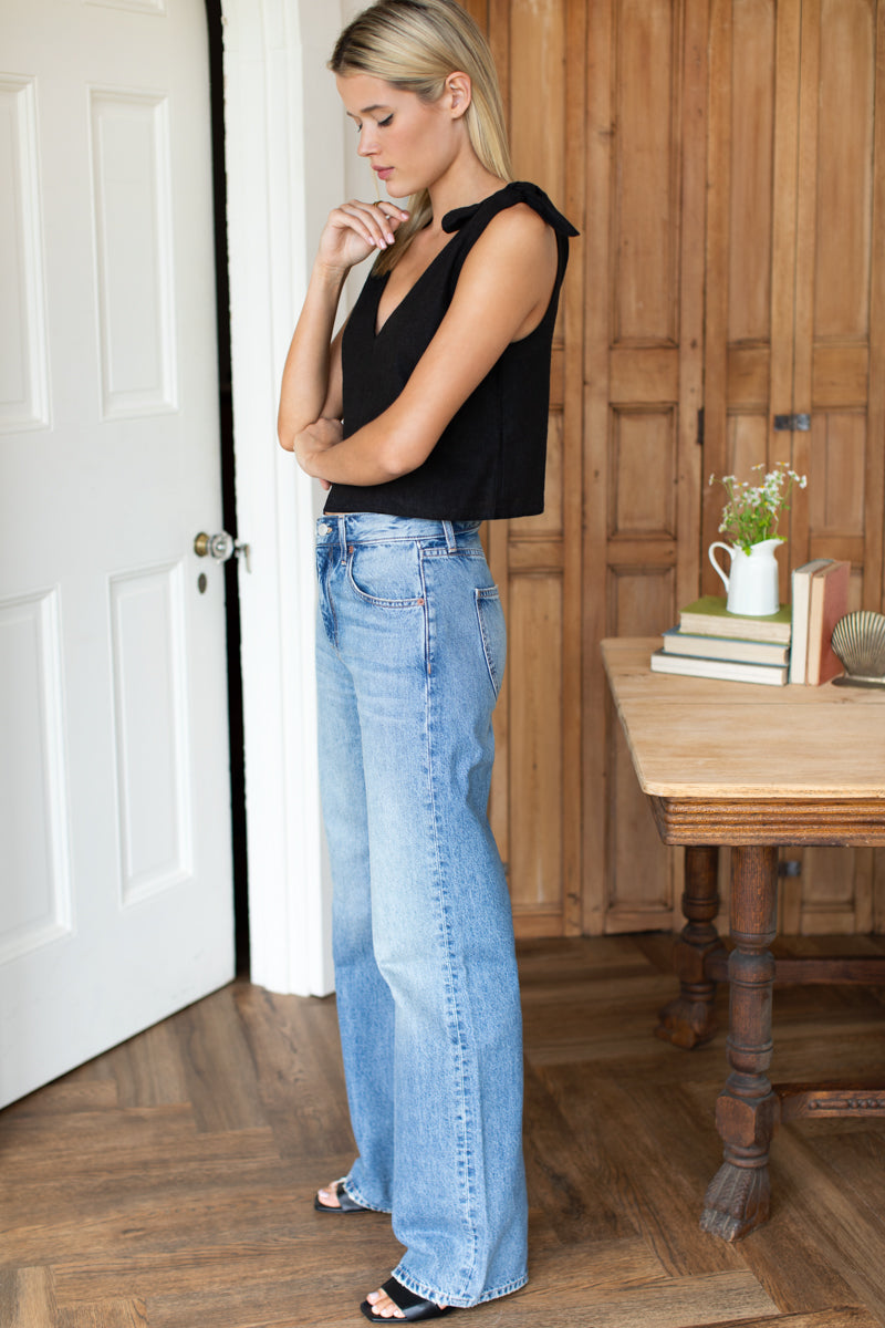 Tie Shoulder Mod Top - Jet Black Linen