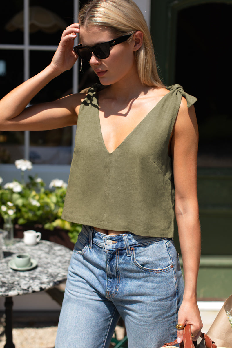 Tie Shoulder Mod Top - Gothic Olive Linen