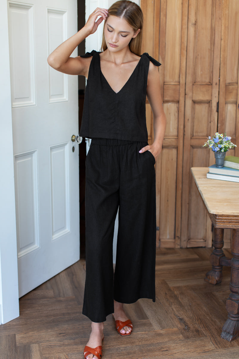 Tie Shoulder Mod Top - Jet Black Linen