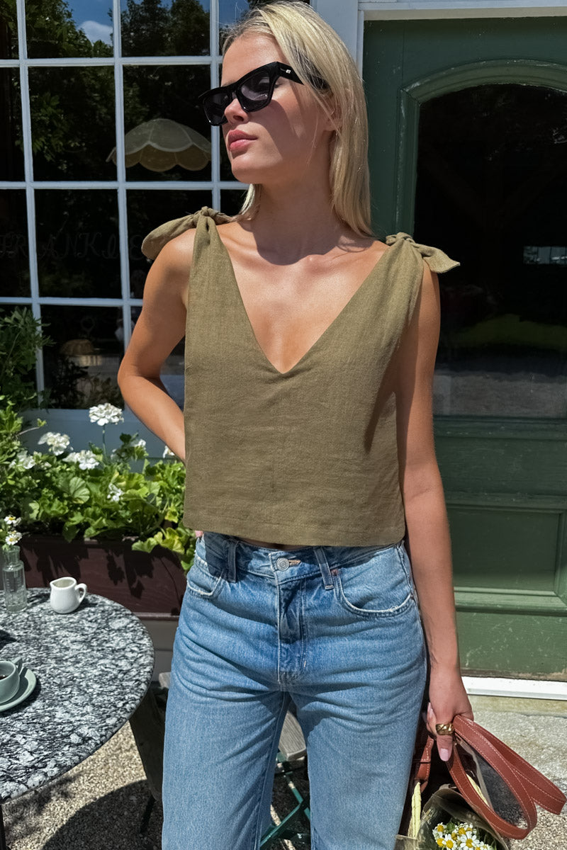 Tie Shoulder Mod Top - Gothic Olive Linen