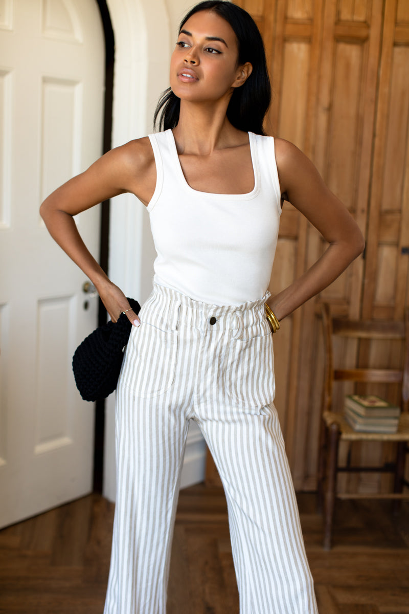 Zip Front Tulip Crop Pant 2 - Almond Stripe