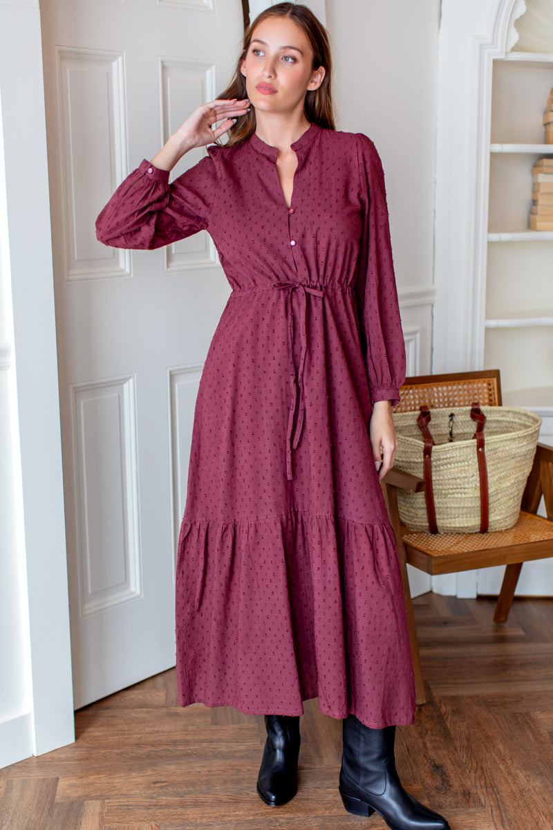 Frances 3 Dress - Burgandy Swiss Dot Organic