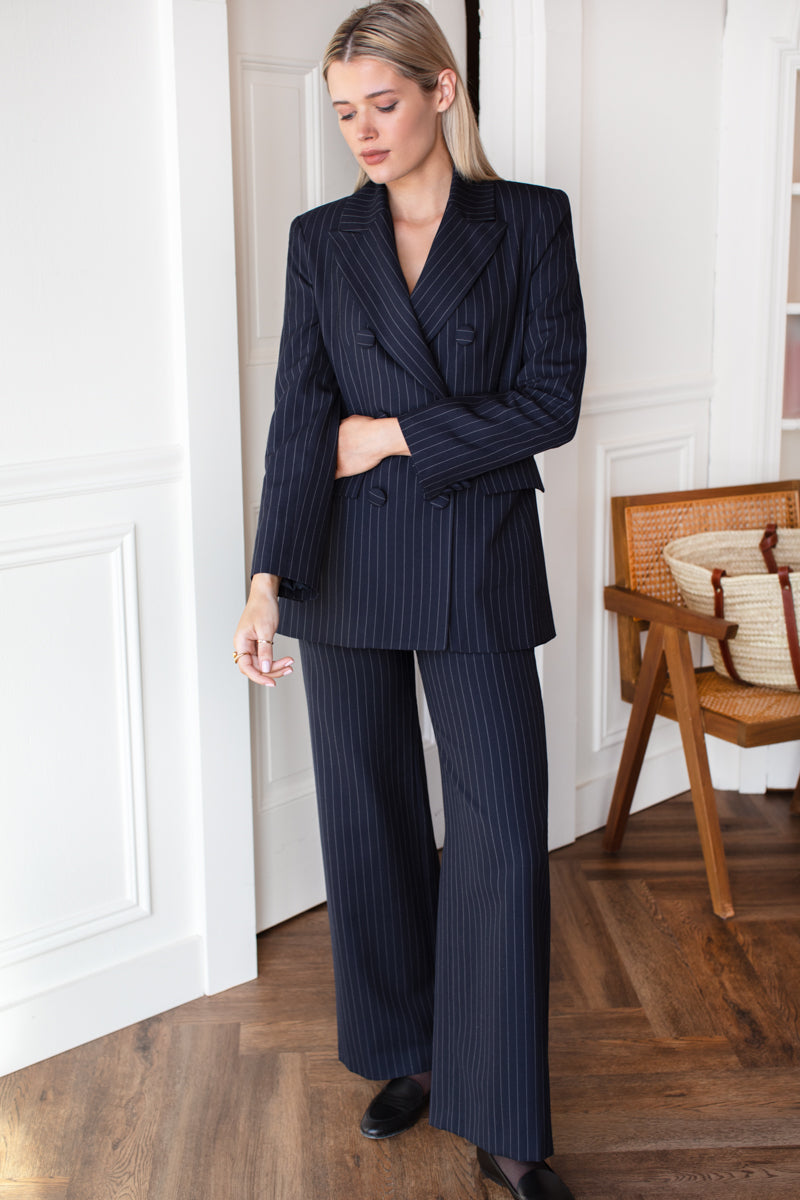 Darted Wide Leg Trouser - Navy Pinstripe